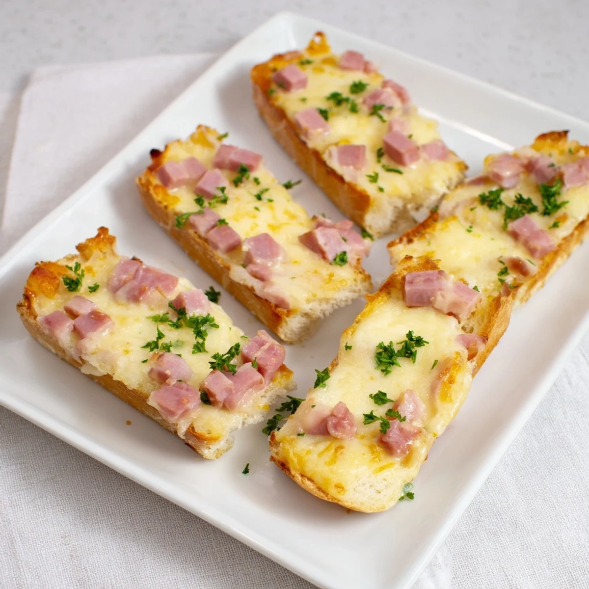 A bubbly Effortless Leftover Baguette Croque Monsieur Bake showcases golden-brown bread and cheesy, ham-filled goodness.