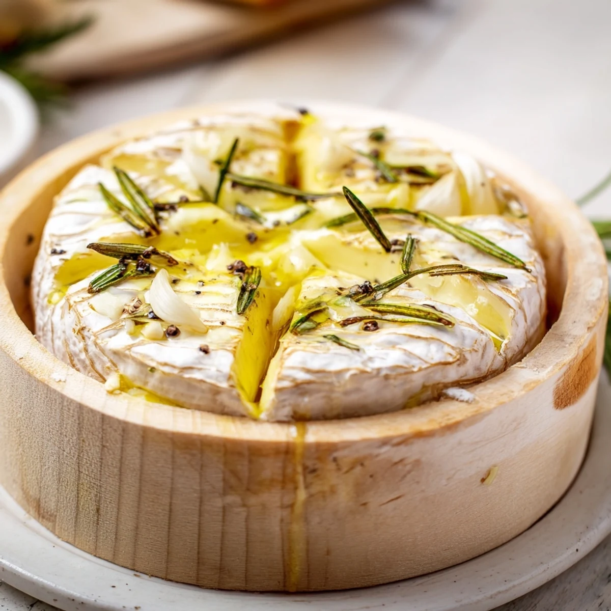 Warm, bubbling The Ultimate Baked Camembert Dip, garnished with fragrant herbs and served with crusty bread.