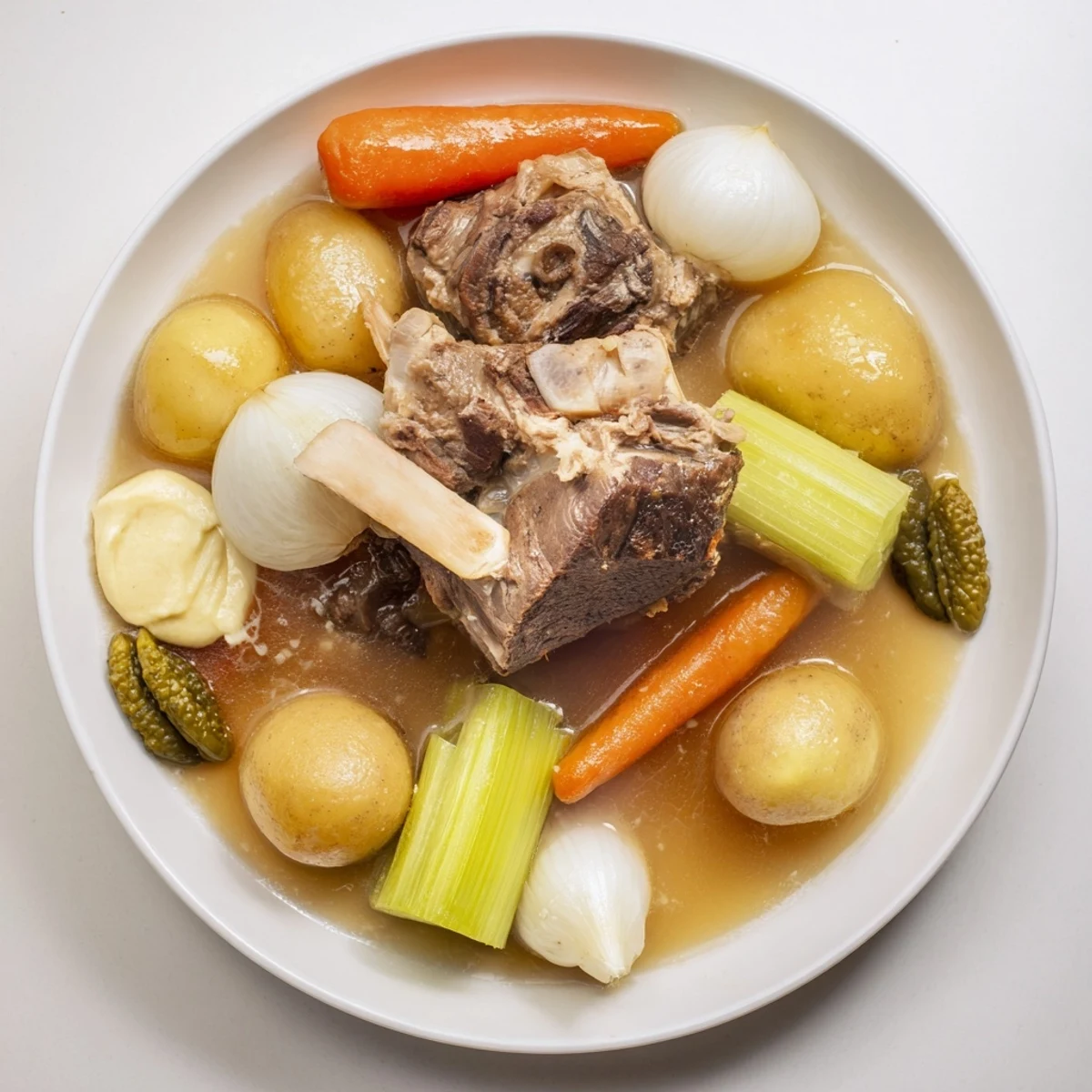 A steaming bowl of Authentic Pot-au-Feu showcasing savory broth, fall-apart beef, and root veggies, ready to enjoy.