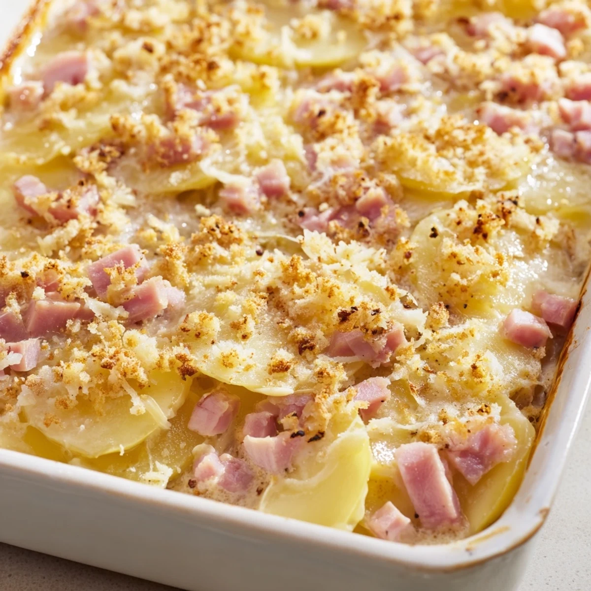Golden brown Parisian Ham & Cheese Gratin bubbling with melted Gruyère, perfect for a cozy dinner.
