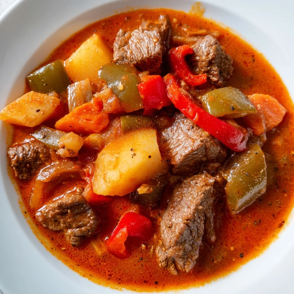 Tender beef and vegetables simmering in this savory homemade beef goulash, ready for serving.