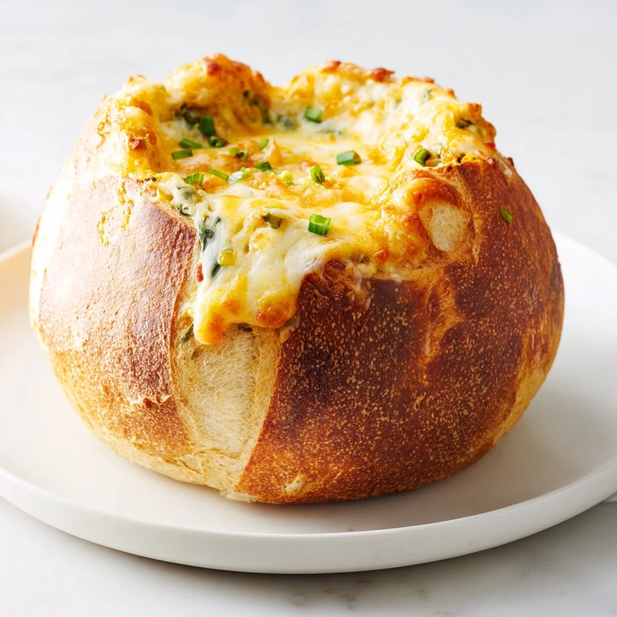Golden-brown Viral Hot Cheesy Spinach Dip in a bread bowl, perfect for sharing at a party.