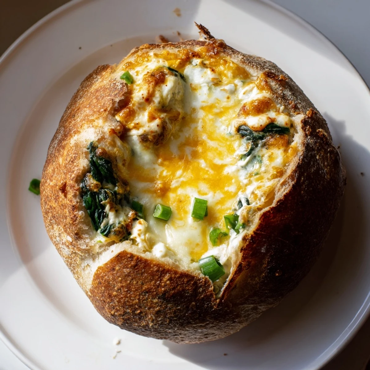 Creamy, bubbling Viral Hot Cheesy Spinach Dip in a Bread Bowl, ready to be scooped up.