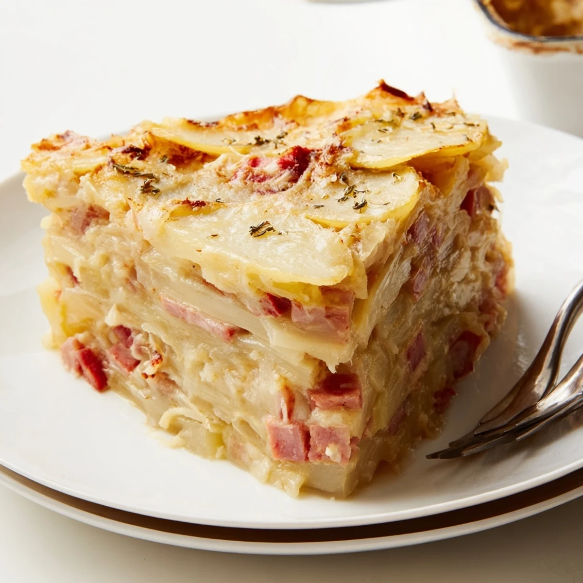Layered Creamy Potato and Smoked Ham Gratin showcasing tender potatoes, ham, and melted cheese in a baking dish.