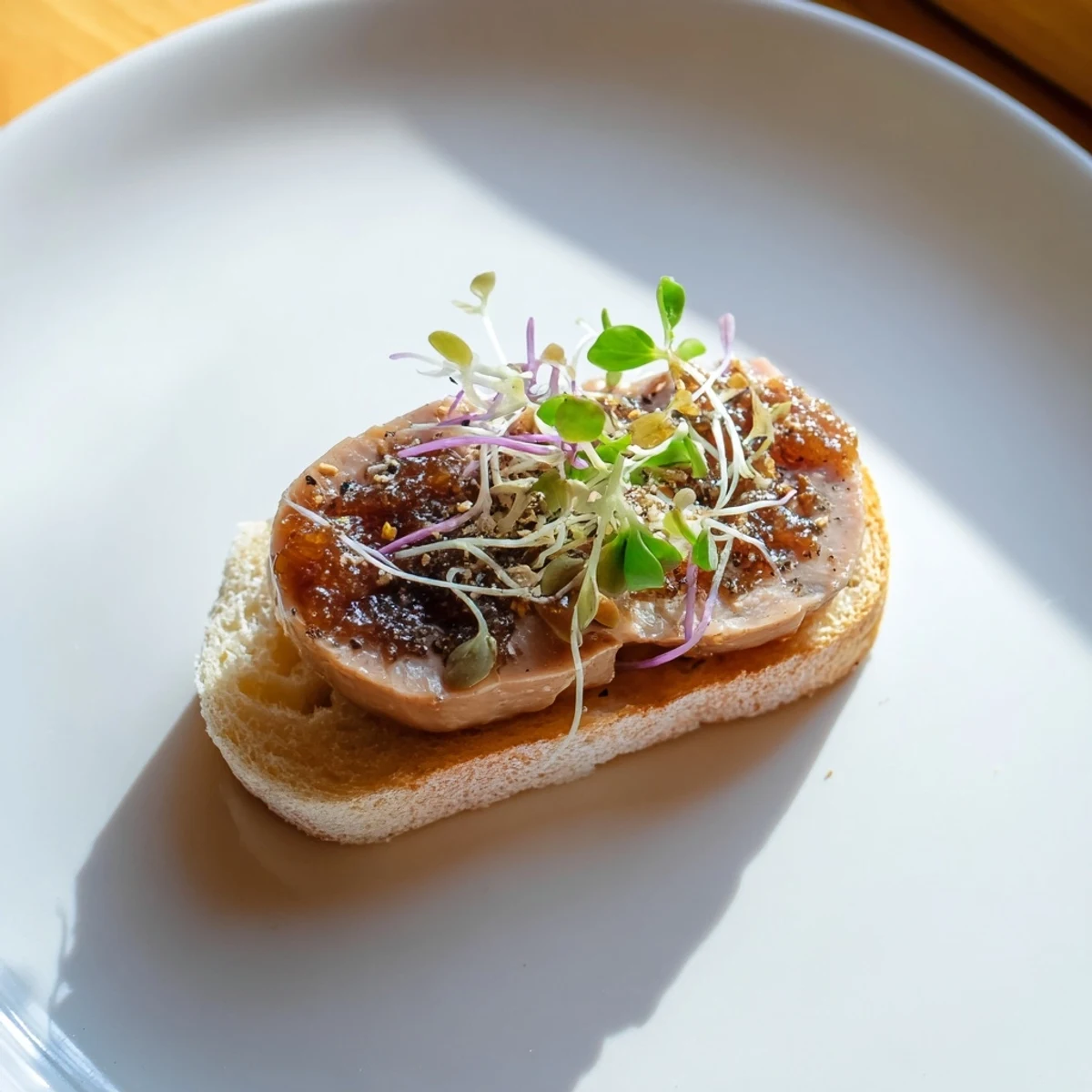 Close-up shot shows beautifully arranged Express Foie Gras Crostini—perfect bite-sized French appetizer, elegant and flavorful.
