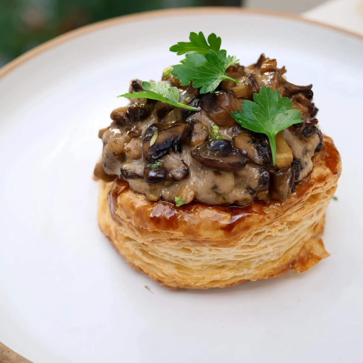 Quick Truffle Oil Mushroom Vol-au-Vents, golden and flaky shells filled with creamy mushrooms.