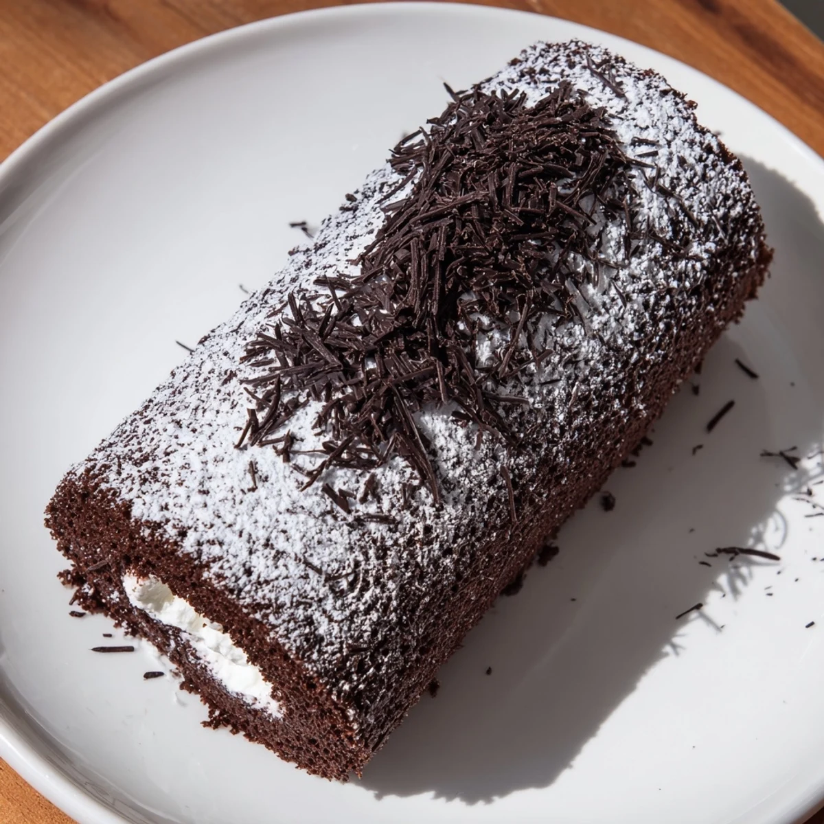 A beautiful Budget Bûche de Noël, a rolled sponge cake covered in chocolate cream, dusted in powder.