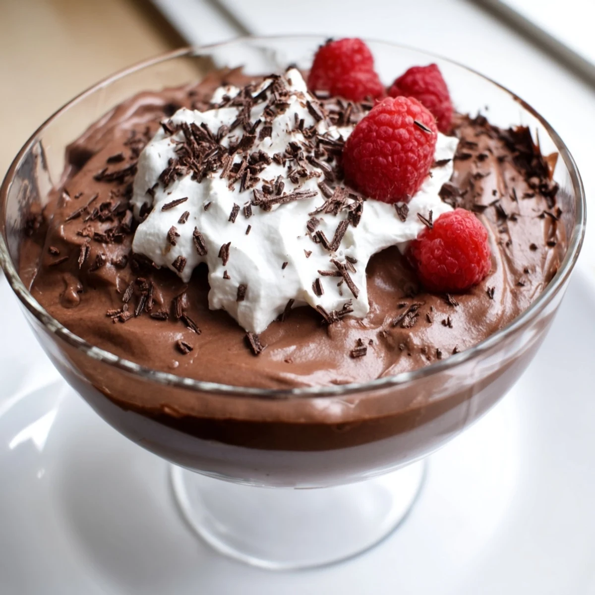 Quick French Hot Chocolate Mousse, a smooth and decadent dessert, ready to serve with whipped cream.