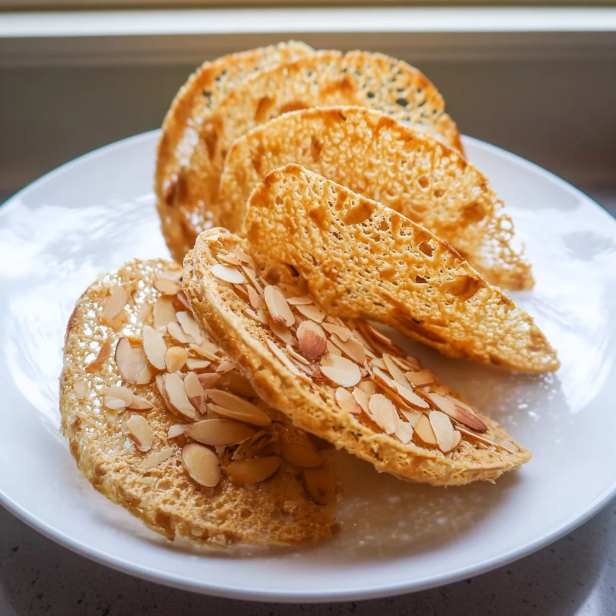 Crispy golden air fryer French Almond Tuile Cookies, perfect for dessert with an elegant, lacy texture.