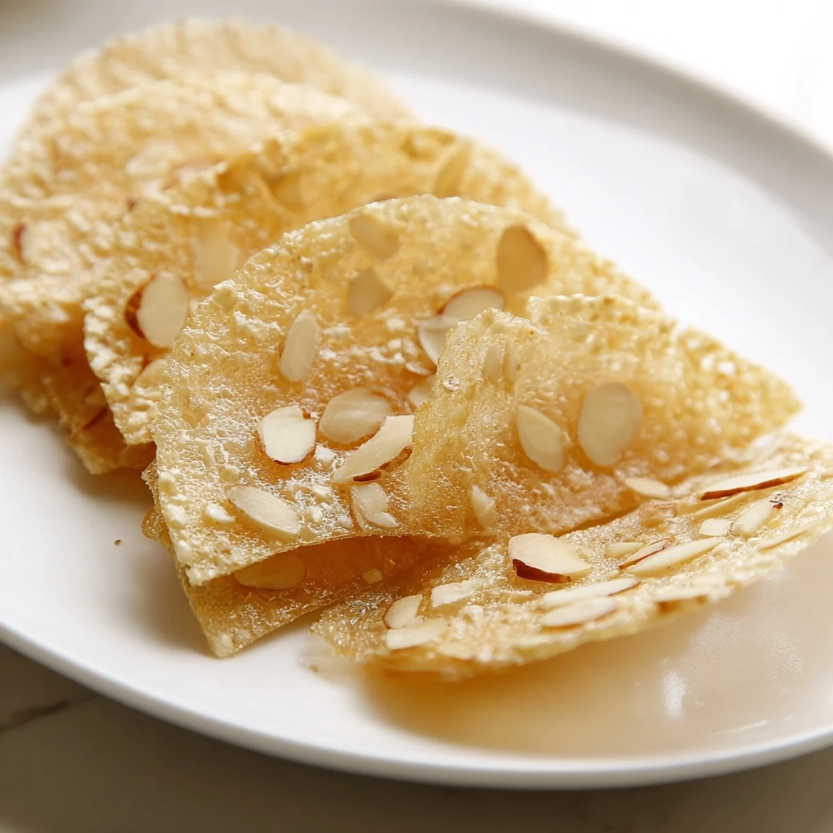 Thin and delicate: air fryer French Almond Tuile Cookies with toasted almond slices and buttery flavor.