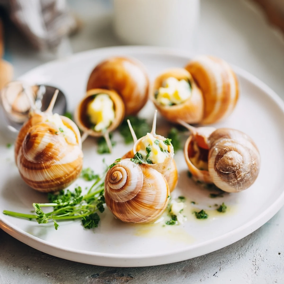 Golden escargots, baked and bubbling in herb butter, a delicious light appetizer ready to serve.