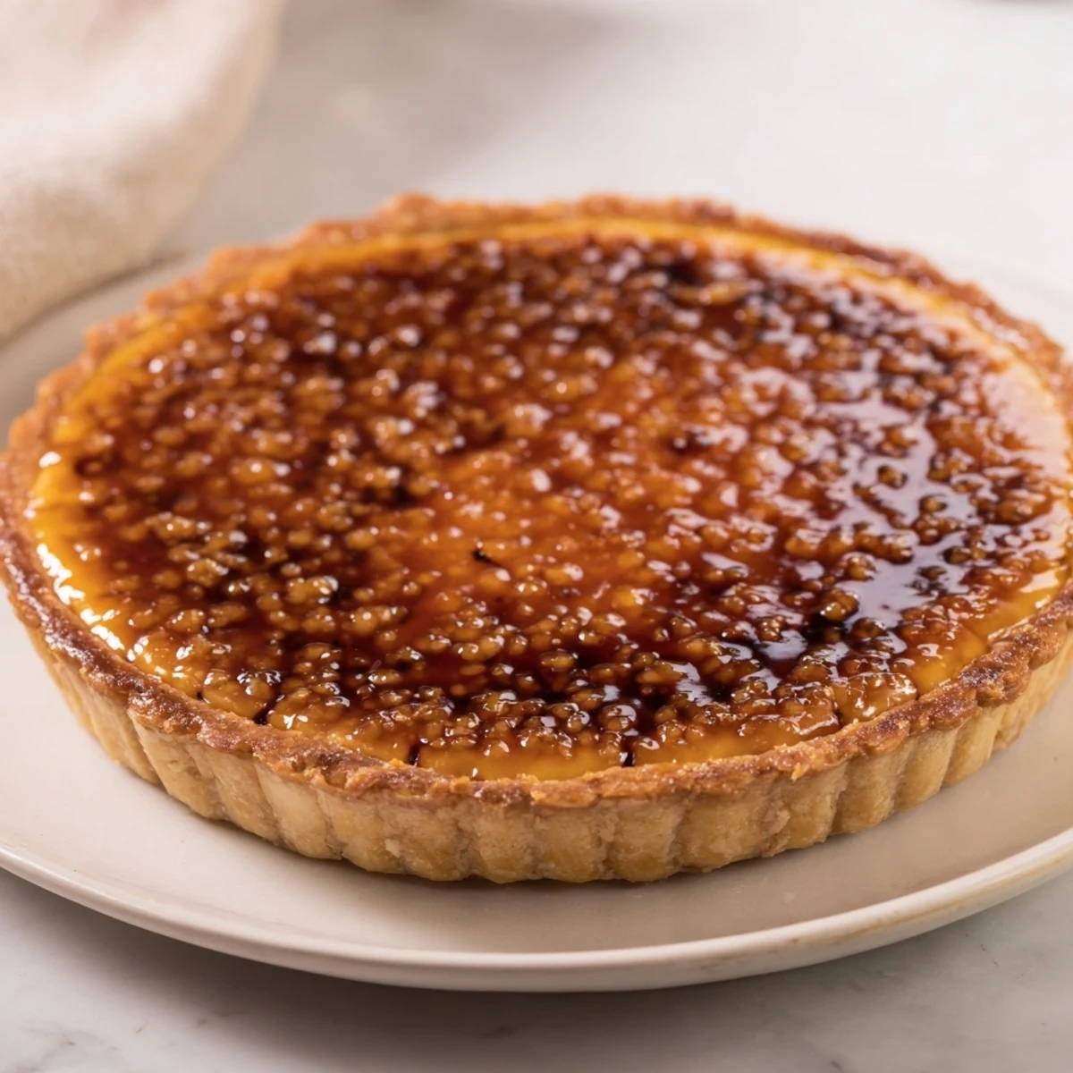 Close up shows the caramelized sugar topping atop each indulgent Express Crème Brûlée frosting tartlet.