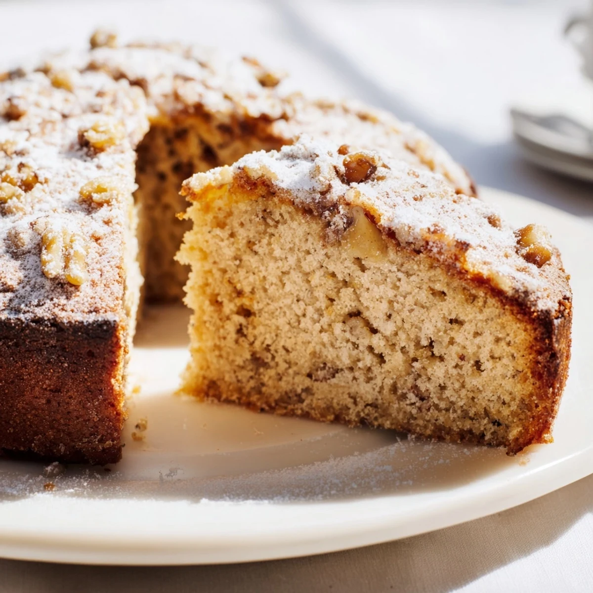 A slice of Budget French Walnut Cake, showing the moist texture and walnut topping.