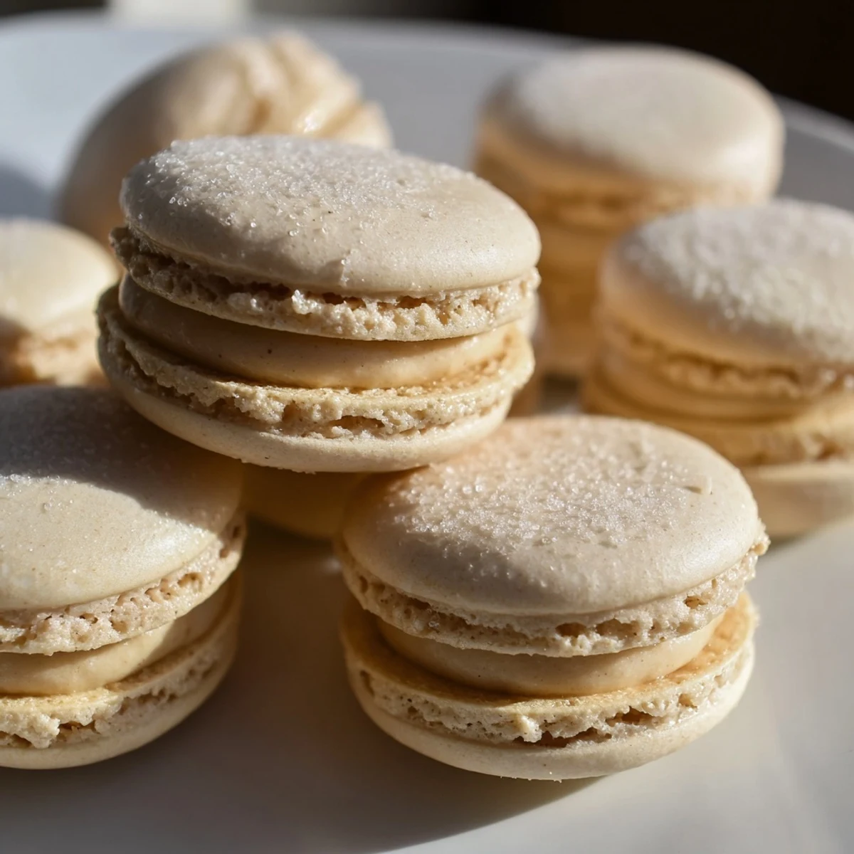 Golden-brown Budget Gingerbread Macarons, perfect holiday treats, stacked and ready to eat.