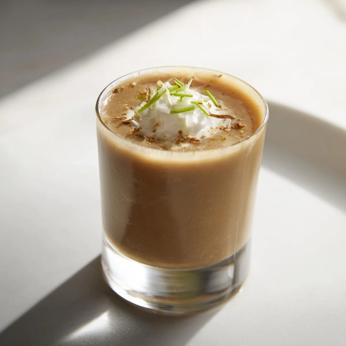 Warm and creamy Quick Chestnut Soup Shooter, beautifully presented in petite glasses, perfect for a party.