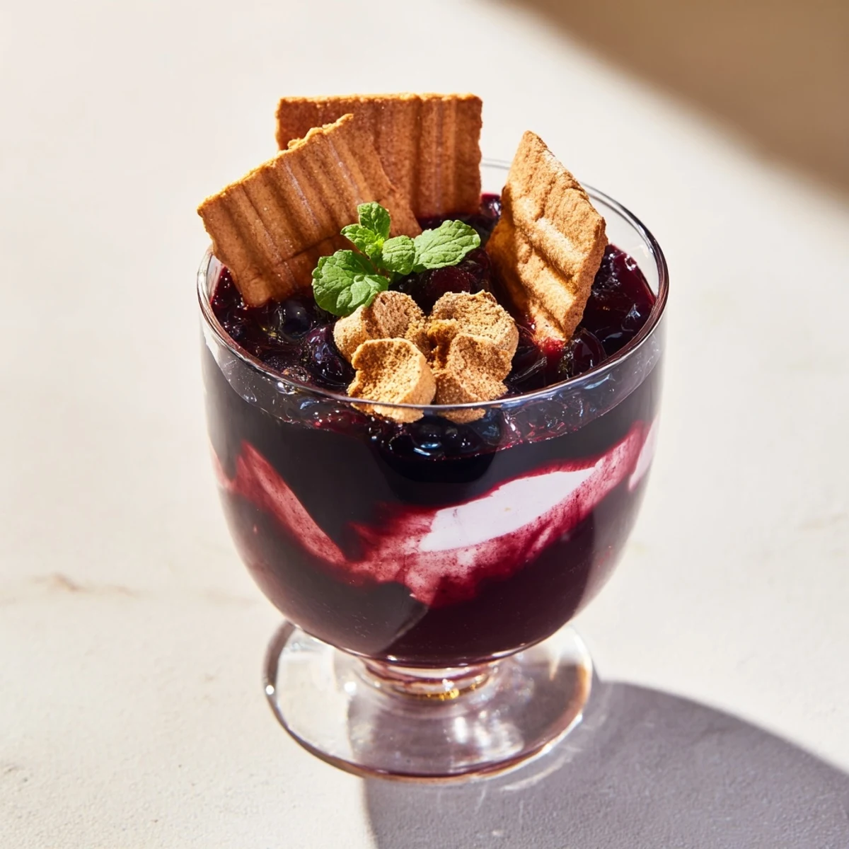 Elegant Crème de Cassis dessert layered with creamy mascarpone, offering a tempting French treat.