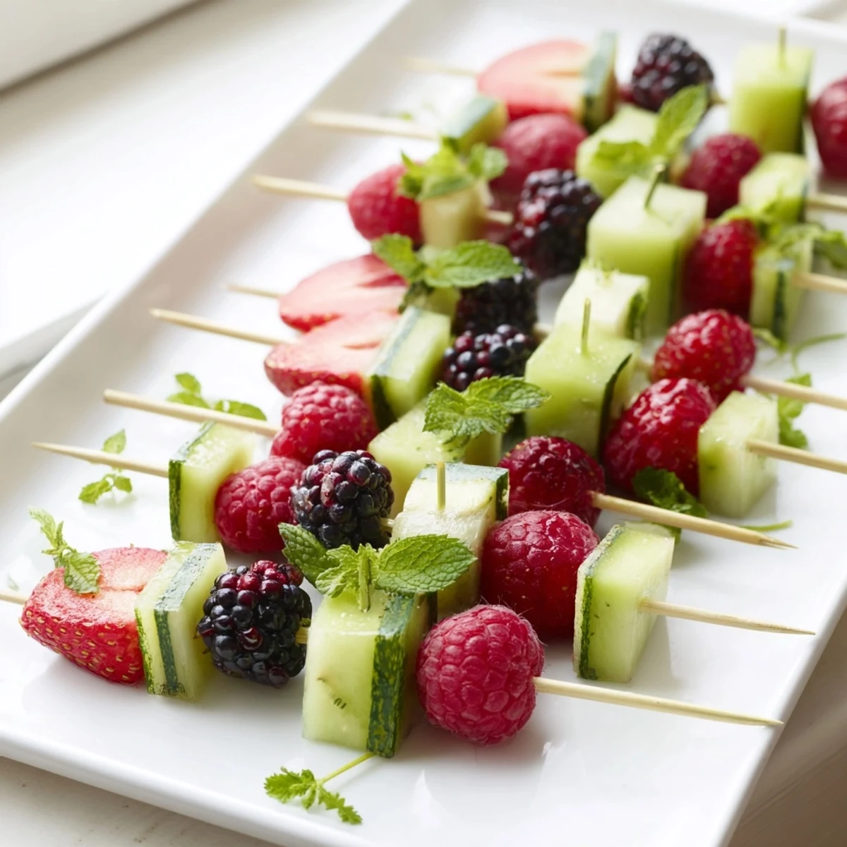 Colorful Express Champagne Fruit Skewers, a delightful party appetizer with sparkling wine and fresh fruit.