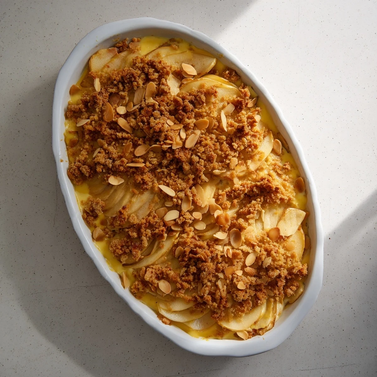 Golden-topped quick chestnut and pear gratin, a warm dessert with sliced pears and chopped chestnuts.