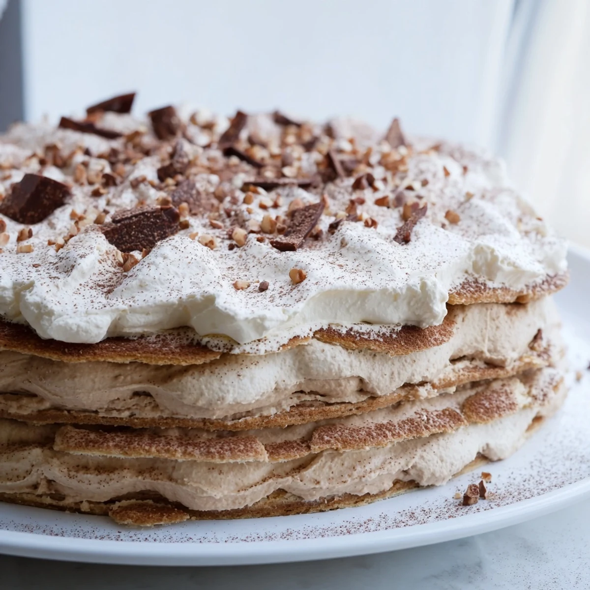 Stacked Quick Mont-Blanc Cookie Towers, a French-inspired dessert garnished with chocolate shavings and nuts.