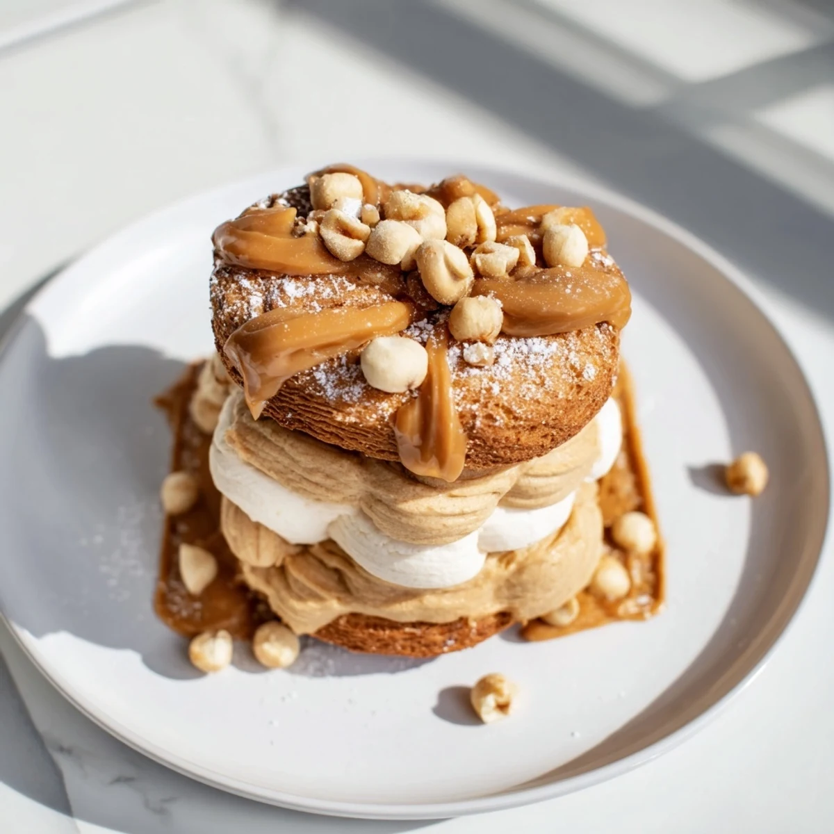 Elegant Quick Mont-Blanc Cookie Towers, ready to eat, with each layer of cookies holding delicious cream.