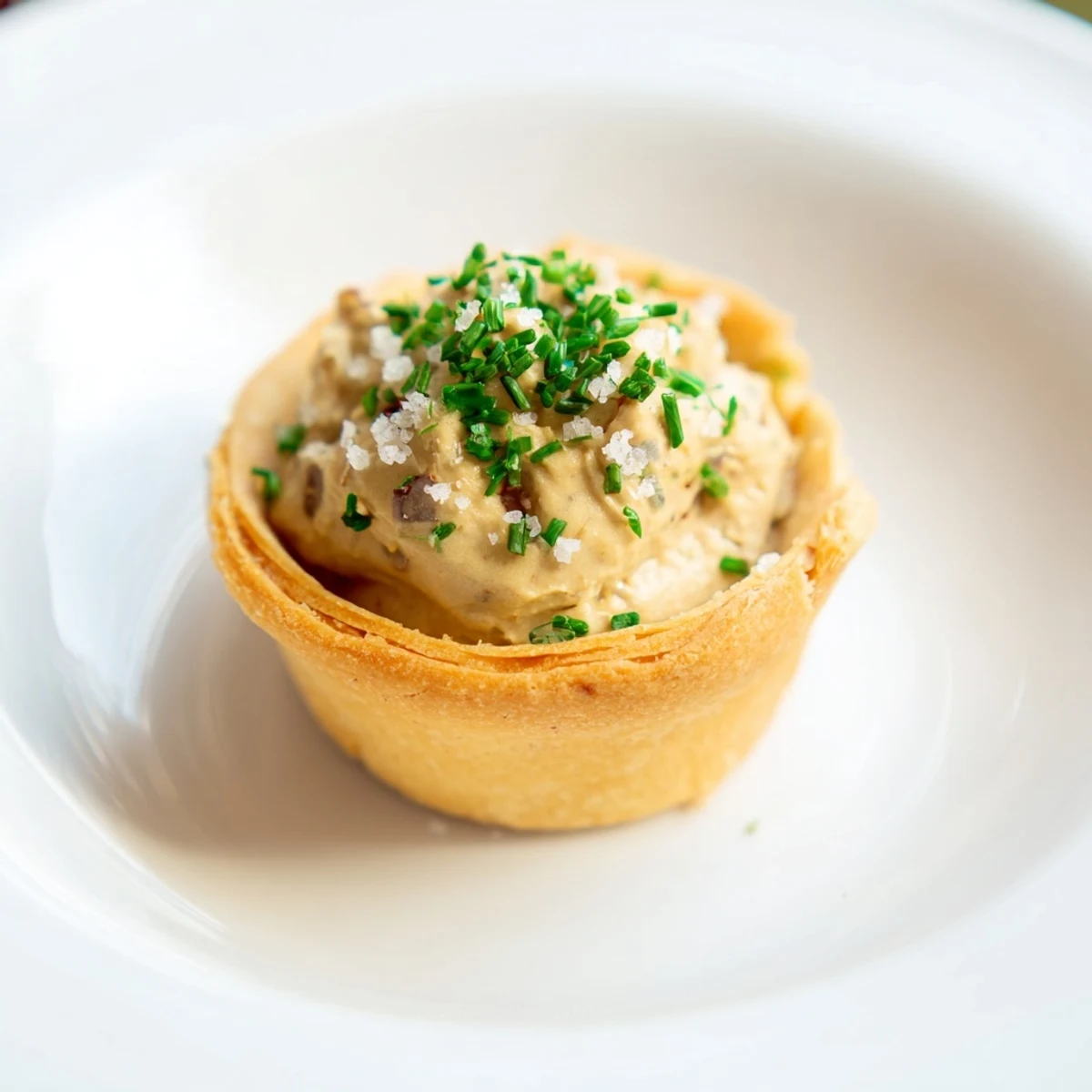Golden, flaky phyllo cups filled with lightened Foie Gras Pâté, topped with fresh chives, a French delicacy.