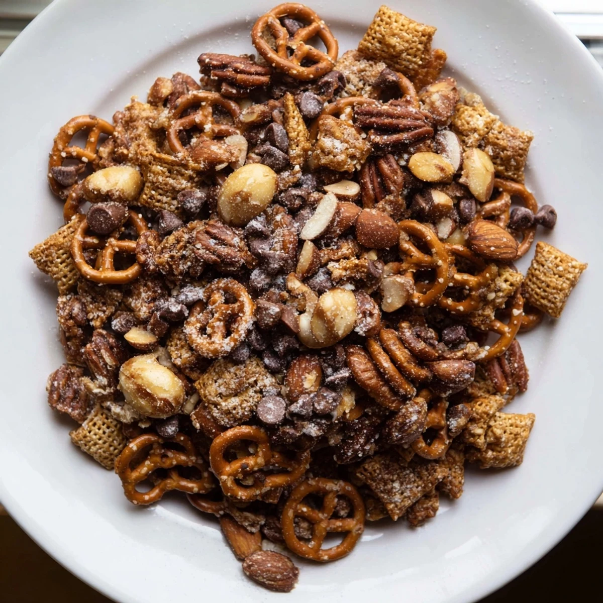 A large bowl of holiday Festive pine cone snack mix, ideal for a winter gathering, with powdered sugar dusting.