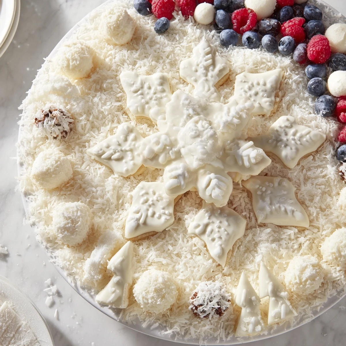 White chocolate-covered treats and fresh berries star on this festive snowflake dessert board.
