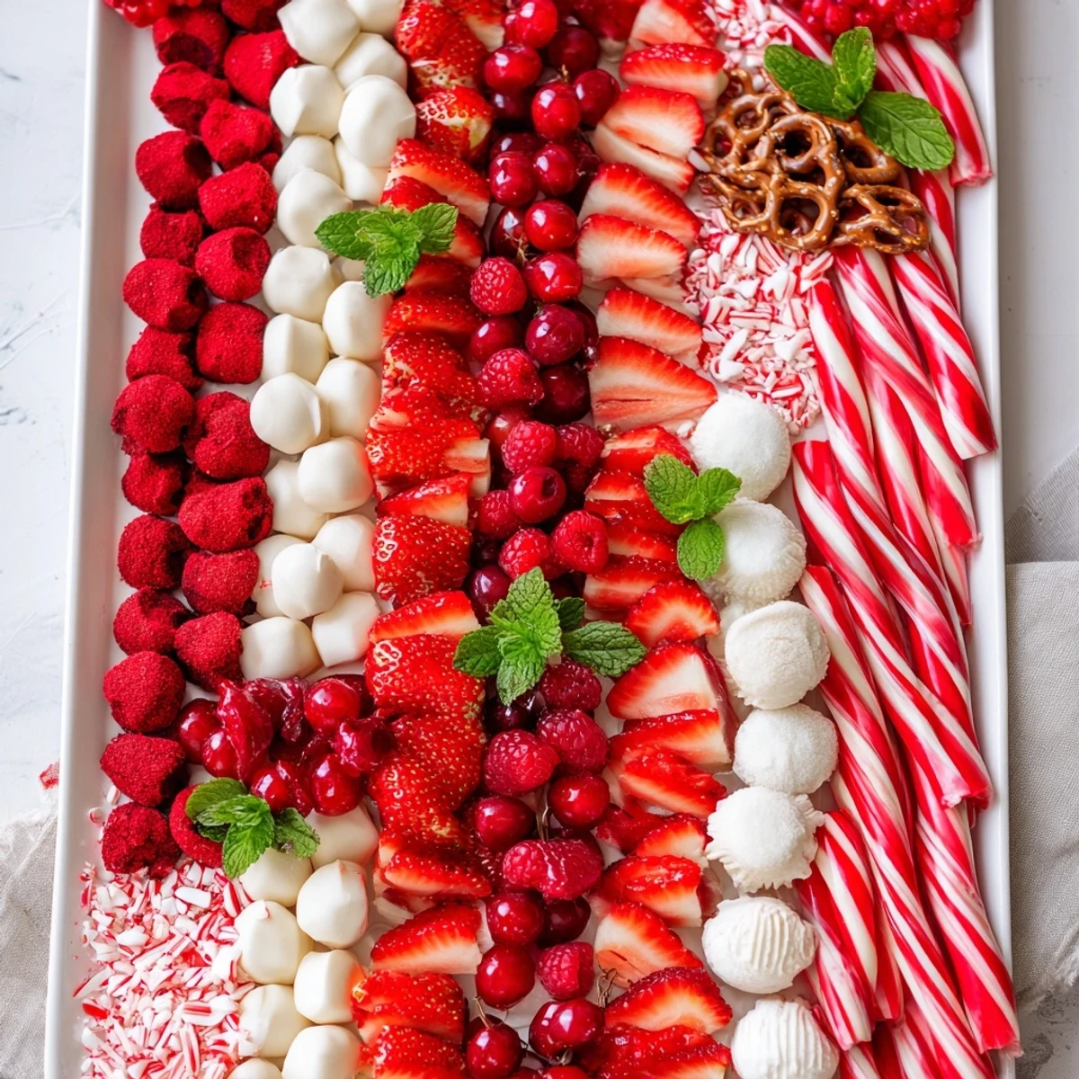 This candy cane striped dessert platter bursts with vibrant red strawberries and white meringues for festive appeal.
