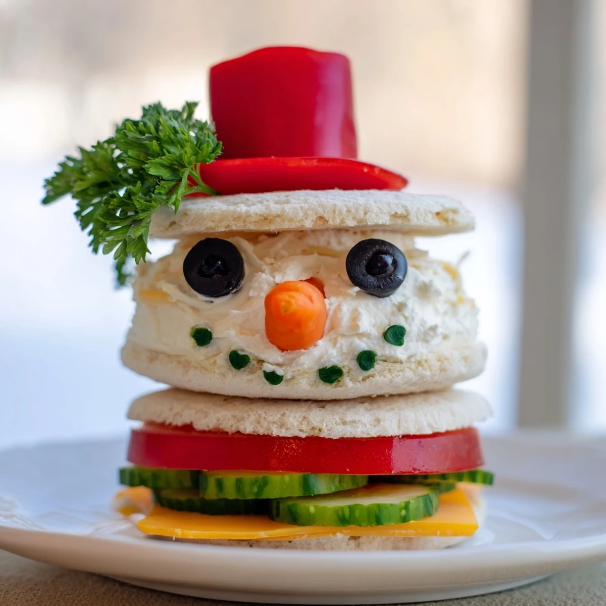 A snowy snowman sandwich stack with carrot noses and olive eyes, perfect for kids.