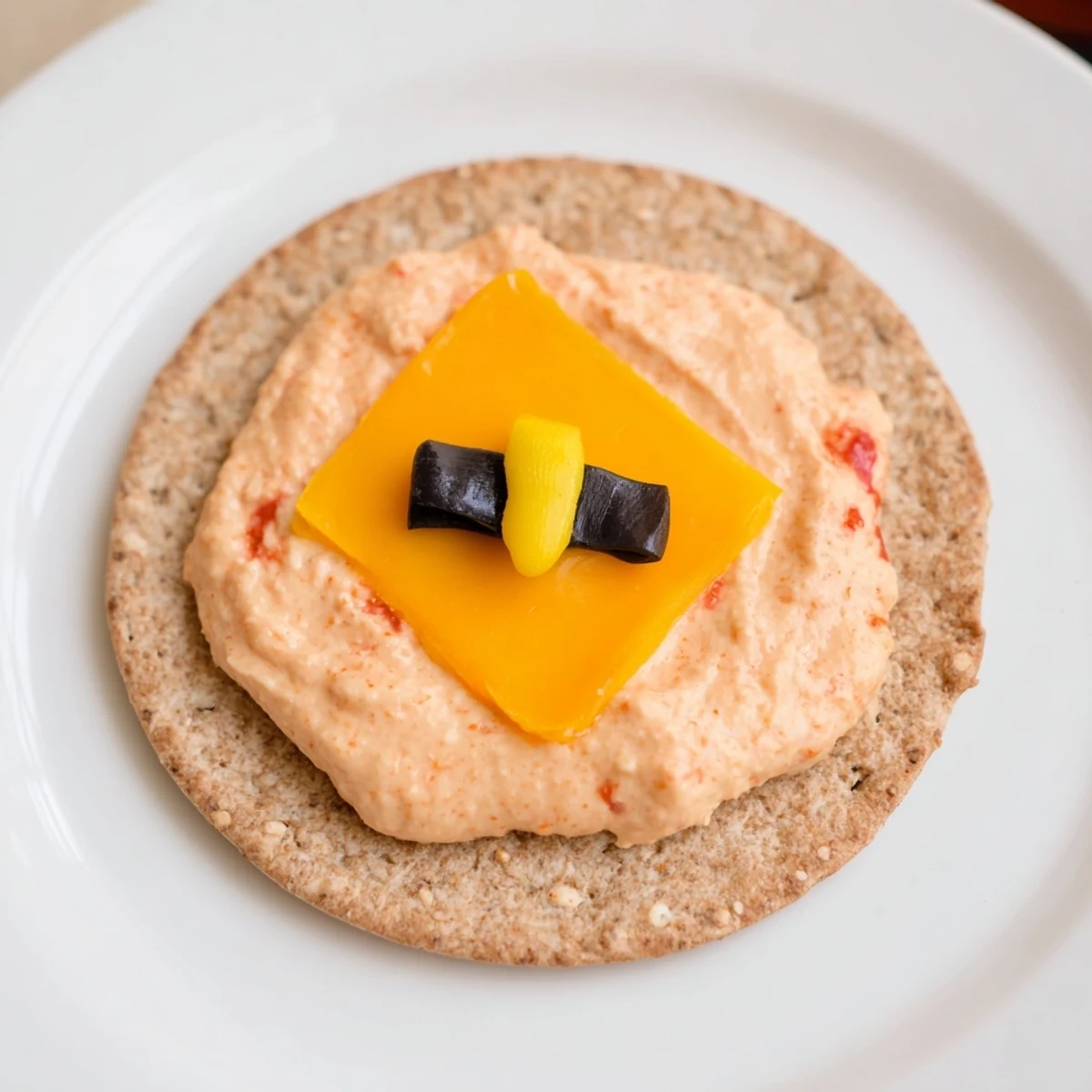 Santas Belt Crackers & Dip: Festive arrangement of crackers with cheesy tops and flavorful red pepper dip.