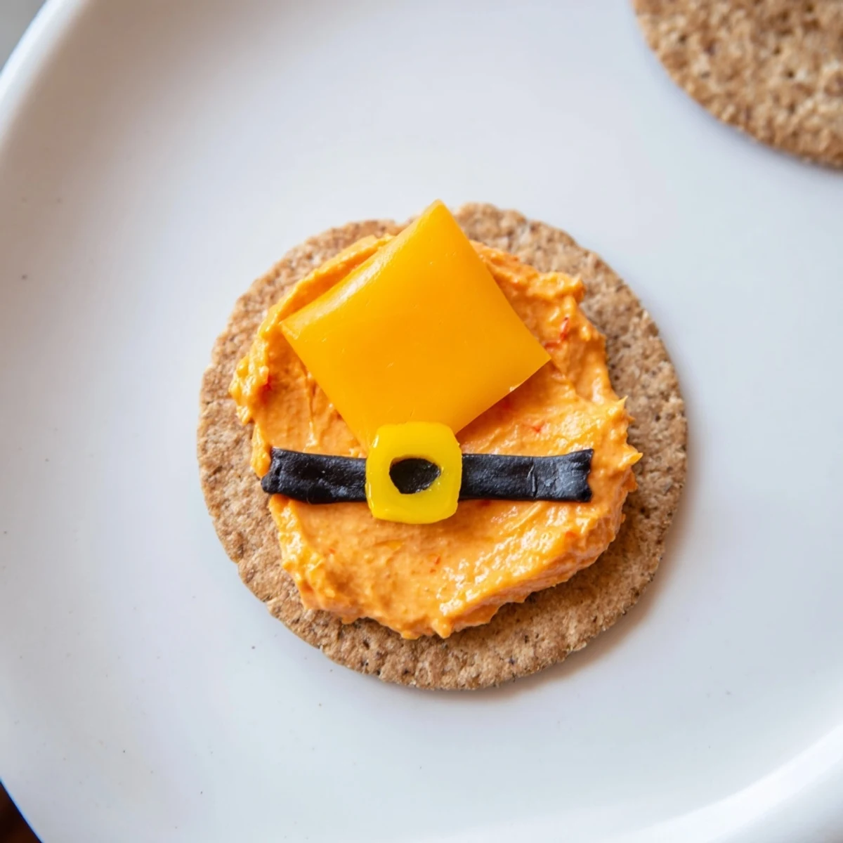 Freshly made Santas Belt Crackers & Dip, the creamy red pepper dip topped with olive belts.