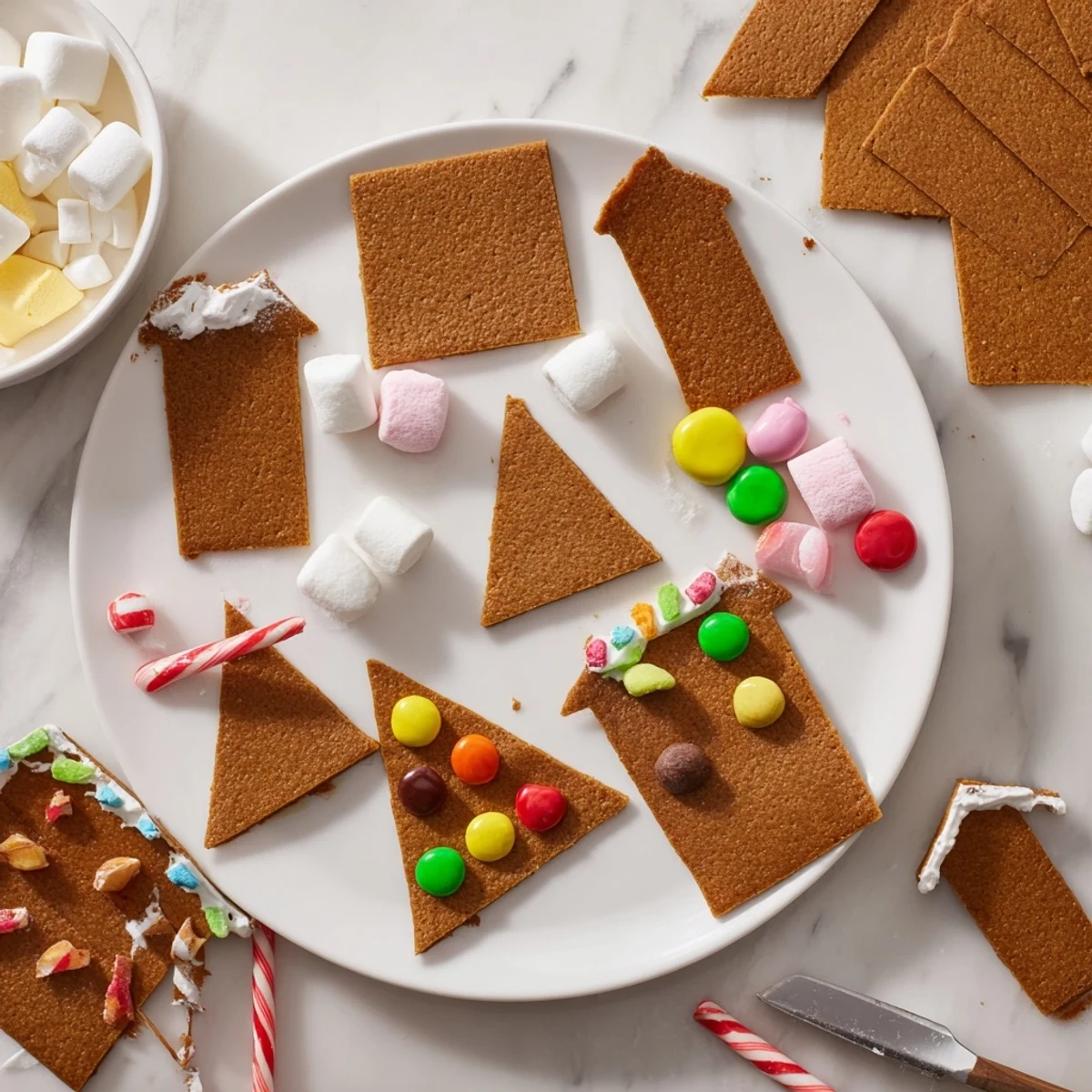 Festive gingerbread house platter with colorful candies and icing, perfect for a cozy holiday gathering around the treat.
