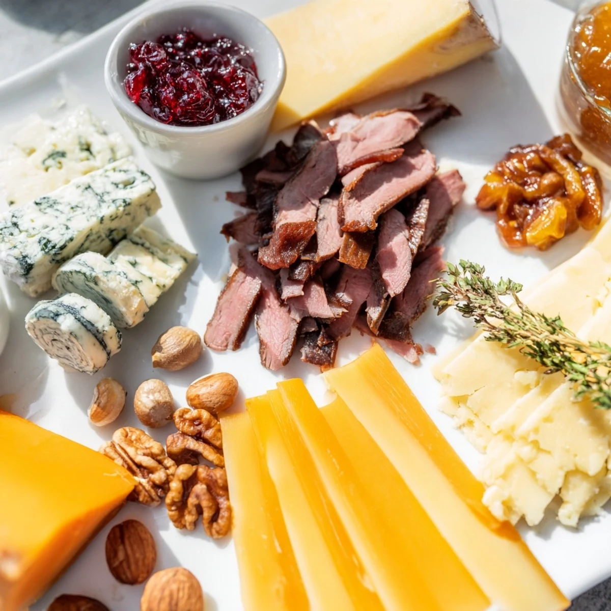 Assiette de charcuterie au renne avec fromages et accompagnements, parfaite pour un apéritif festif.