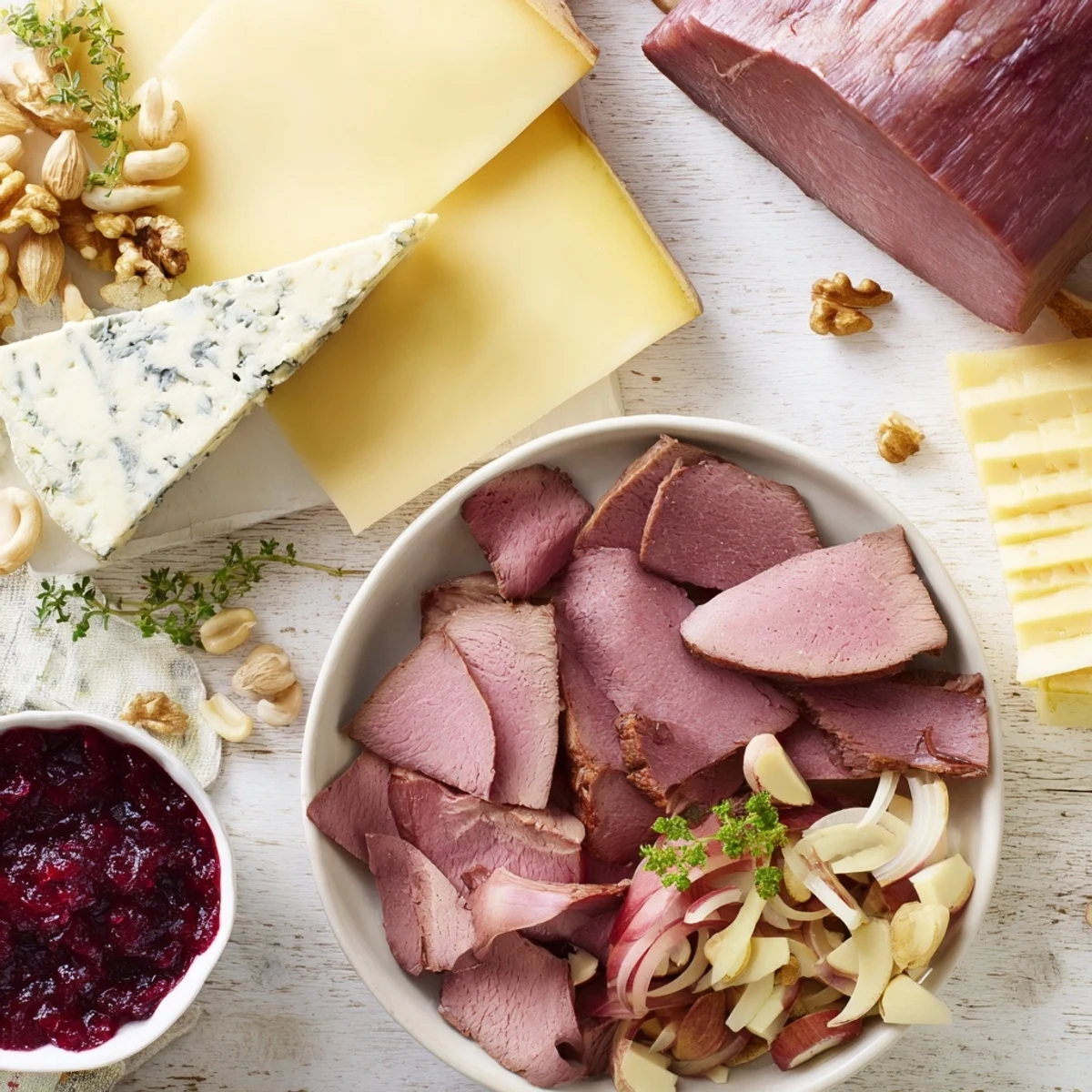 Un plateau de charcuterie au renne garni de fromages variés, de confiture de canneberges et de cornichons.