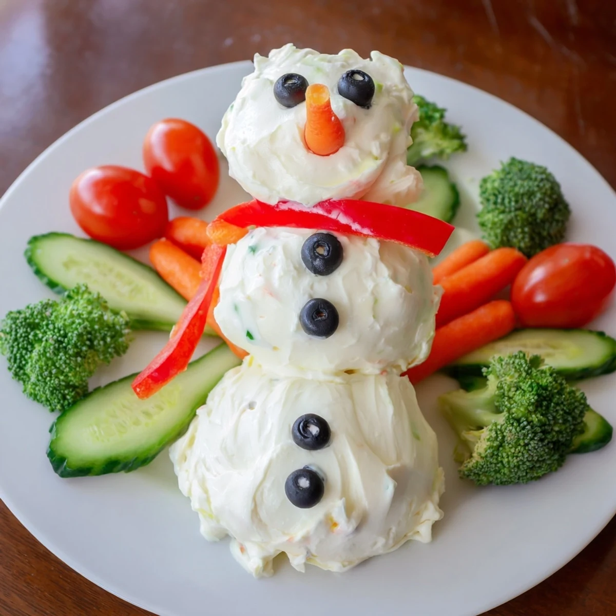 Snowman Veggie Dip Platter featuring a creamy snowman dip surrounded by colorful, fresh vegetables for dipping.
