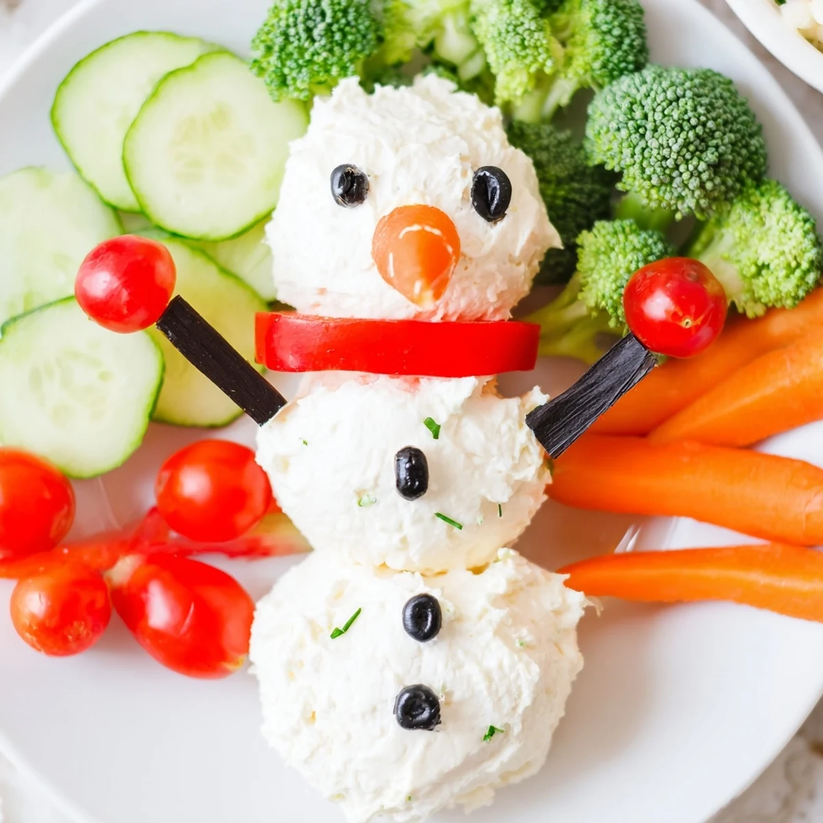 Bright and cheerful Snowman Veggie Dip Platter photo, showcasing a healthy, fun appetizer with fresh vegetables.