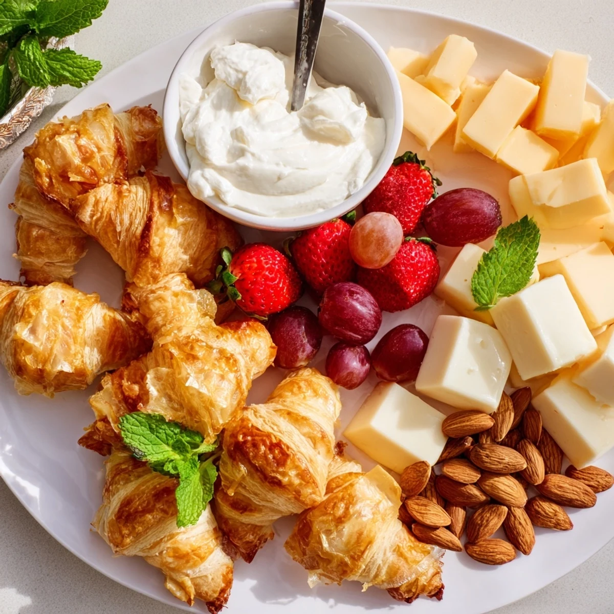 A beautifully arranged Gift Box Brunch Board Delight with fresh fruits, cheeses, and pastries for sharing.