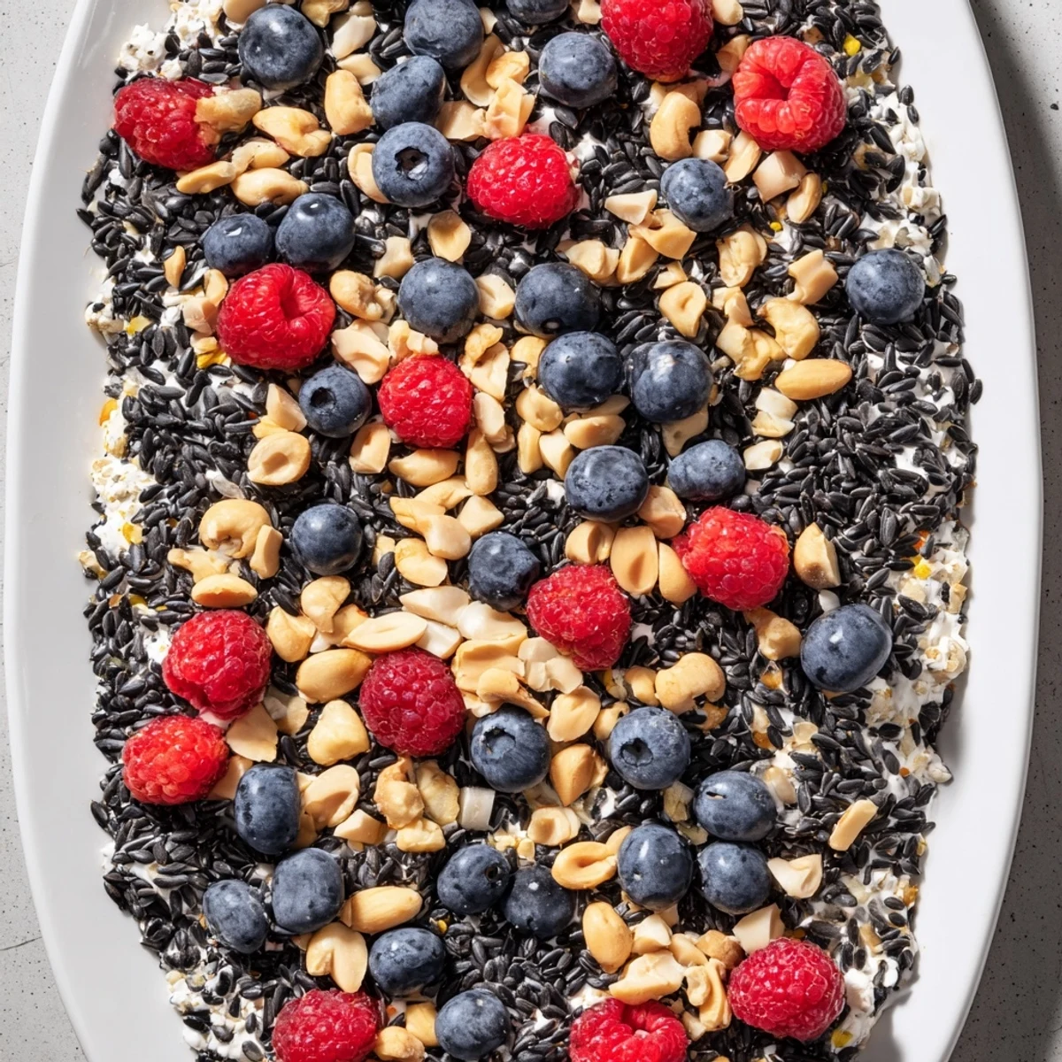 A colorful, appetizing Singing Bird Seed & Berry Platter, ready to attract birds with fresh berries.