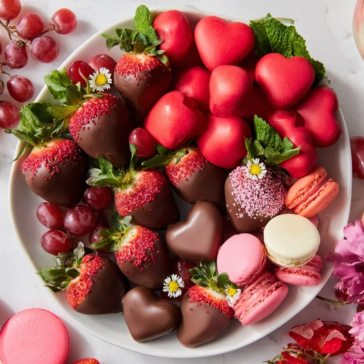 Visually stunning Sweetheart Valentines Day Board, featuring ripe strawberries next to chocolate delights.