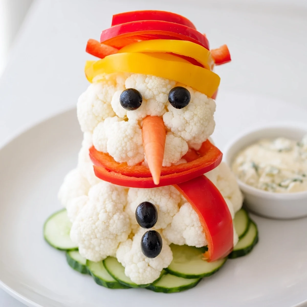 Healthy Snowman Crudités with vibrant vegetables, a kid-friendly appetizer with delicious creamy dip.