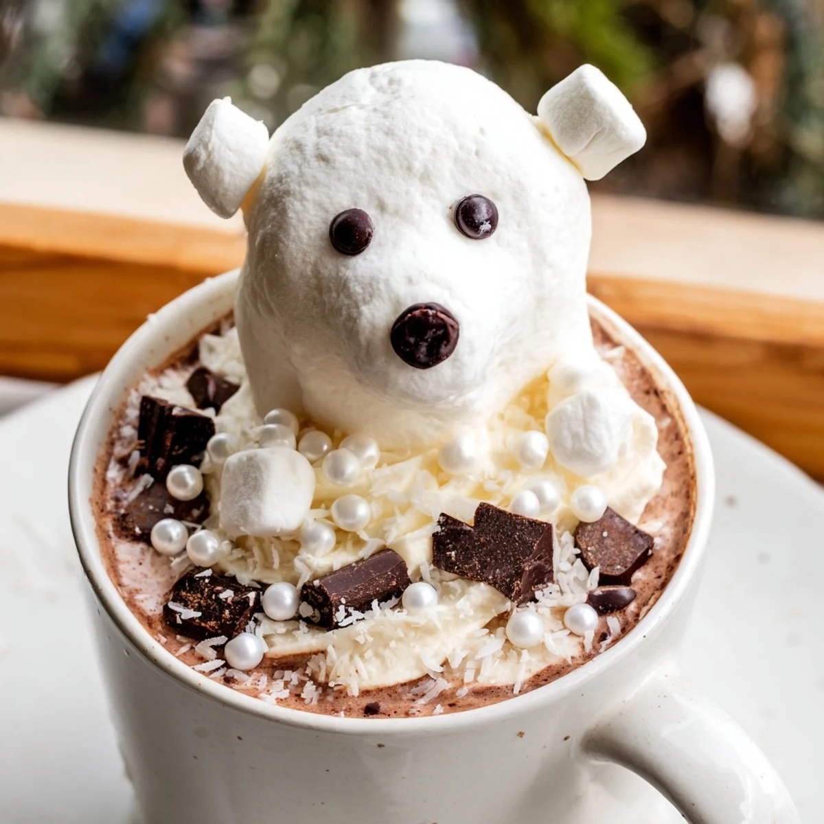 A steaming mug brimming with Polar Bear Hot Chocolate, topped with fluffy whipped cream and coconut.