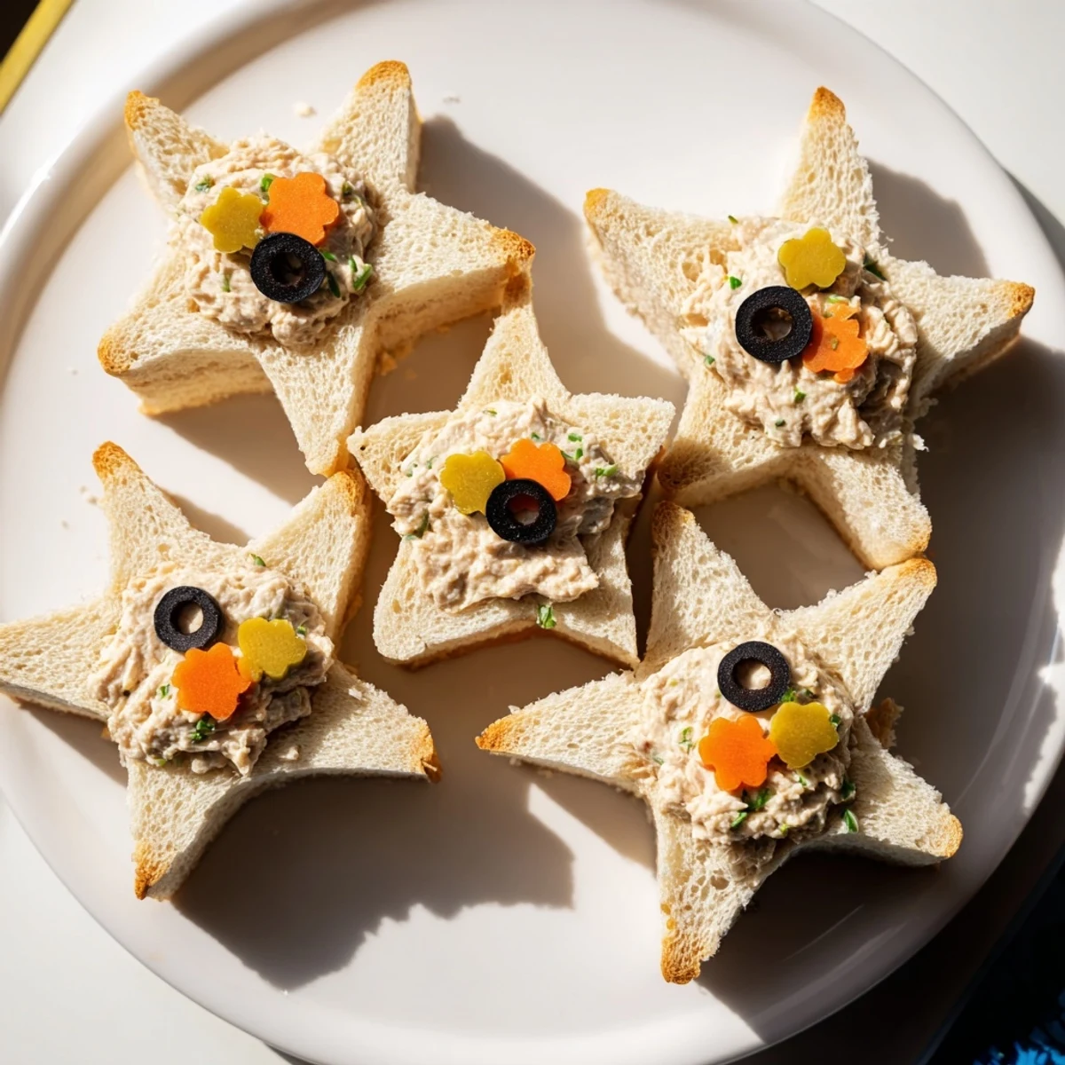 Close-up of the delicious Mini Starfish Sandwiches, showing tuna filling with olive eyes, ready to eat.