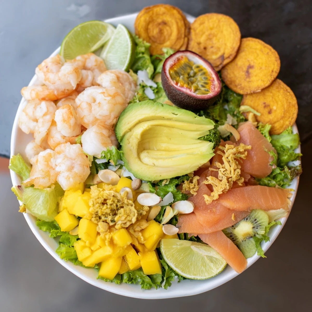 Tropical Wave Tasting Platter: A colorful arrangement of fruits, shrimp, and salmon, ready to be enjoyed as a refreshing appetizer.