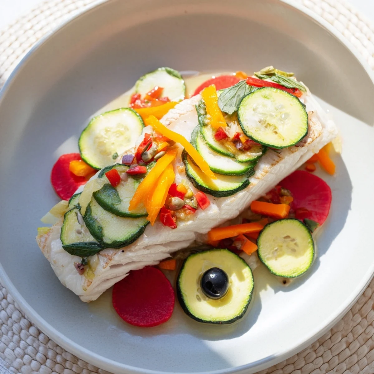 Enjoy a healthy Light Fish-Shaped Meal, featuring a baked fish fillet beautifully decorated with fresh vegetables.