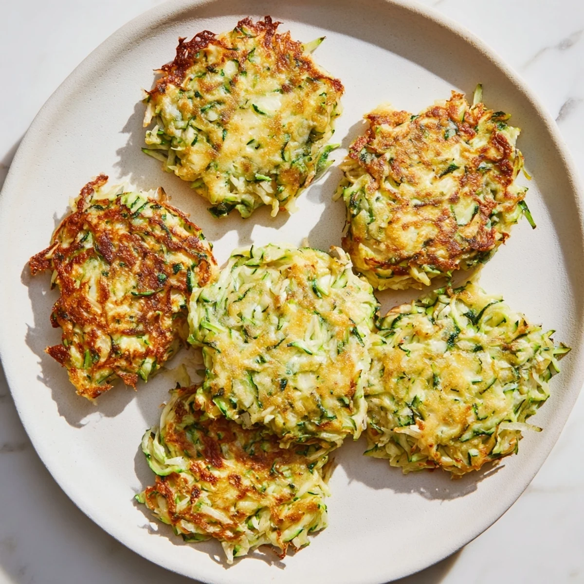 Golden, crispy High-Protein Chicken Zucchini Fritters sizzling in a skillet, ready to eat.