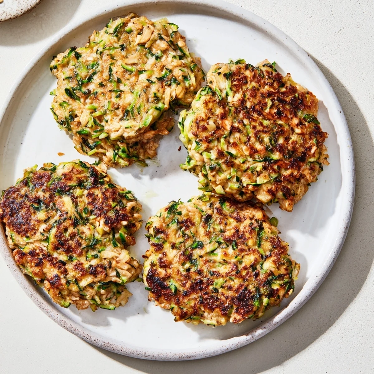 Plate of delicious High-Protein Chicken Zucchini Fritters, served with fresh herbs, a perfect low-carb option.