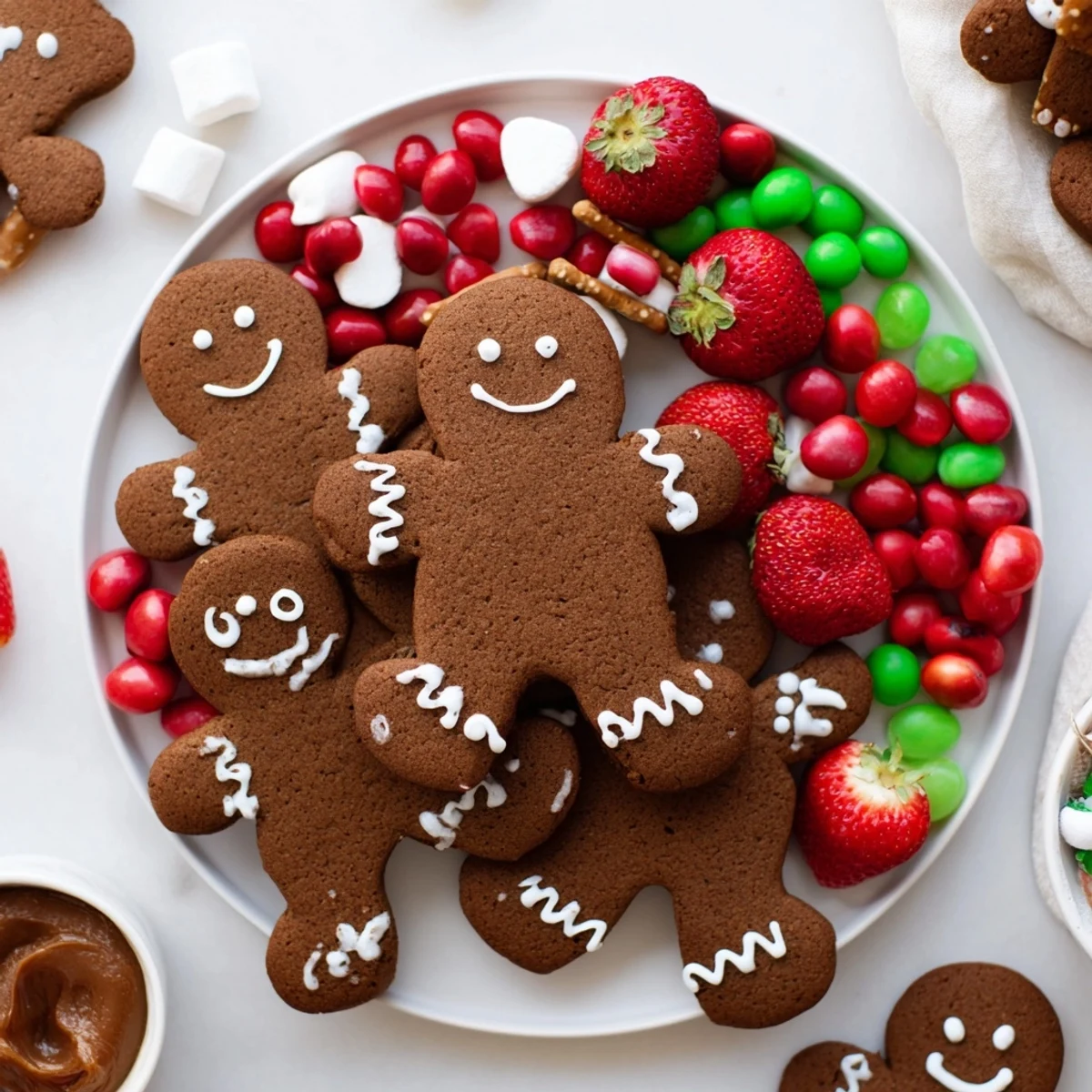 Gingerbread Man Cookie Board, a holiday dessert, overflowing with frosted gingerbread men and treats.