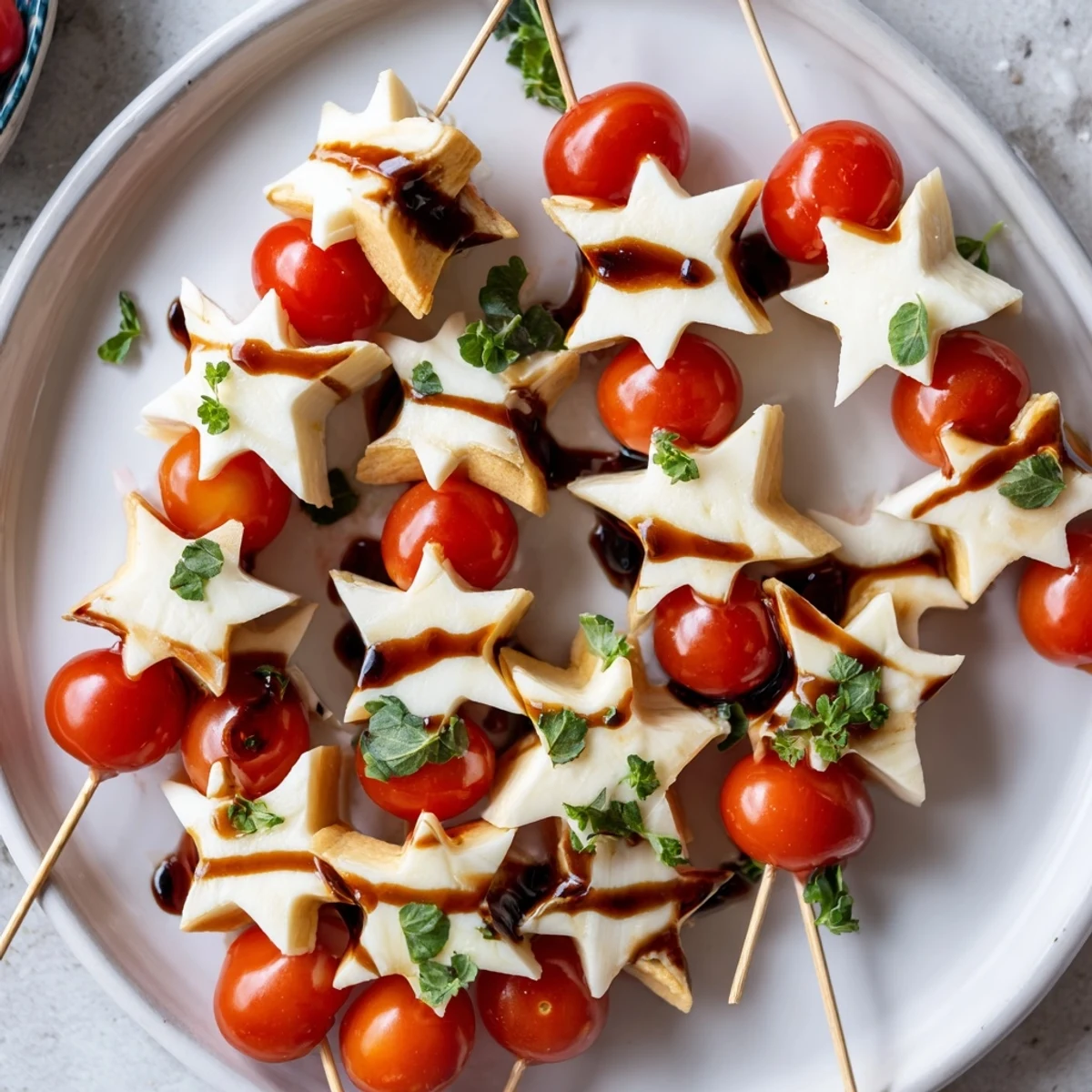 Star-shaped Caprese skewers with vibrant tomatoes, mozzarella stars, and fresh basil, a colorful appetizer.