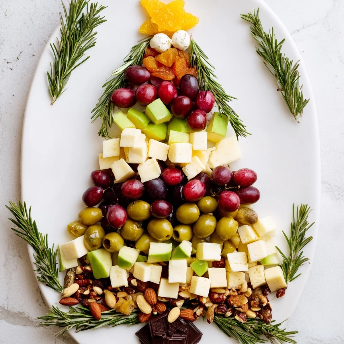 Vivid, colorful Cranberry Joy Tree Board appetizer with rosemary, cheeses, and delicious fresh cranberries.