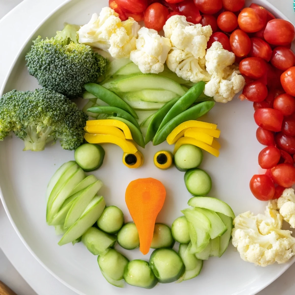 A festive Savory Crudités Grinch Face veggie platter: vibrant green vegetables arranged playfully.